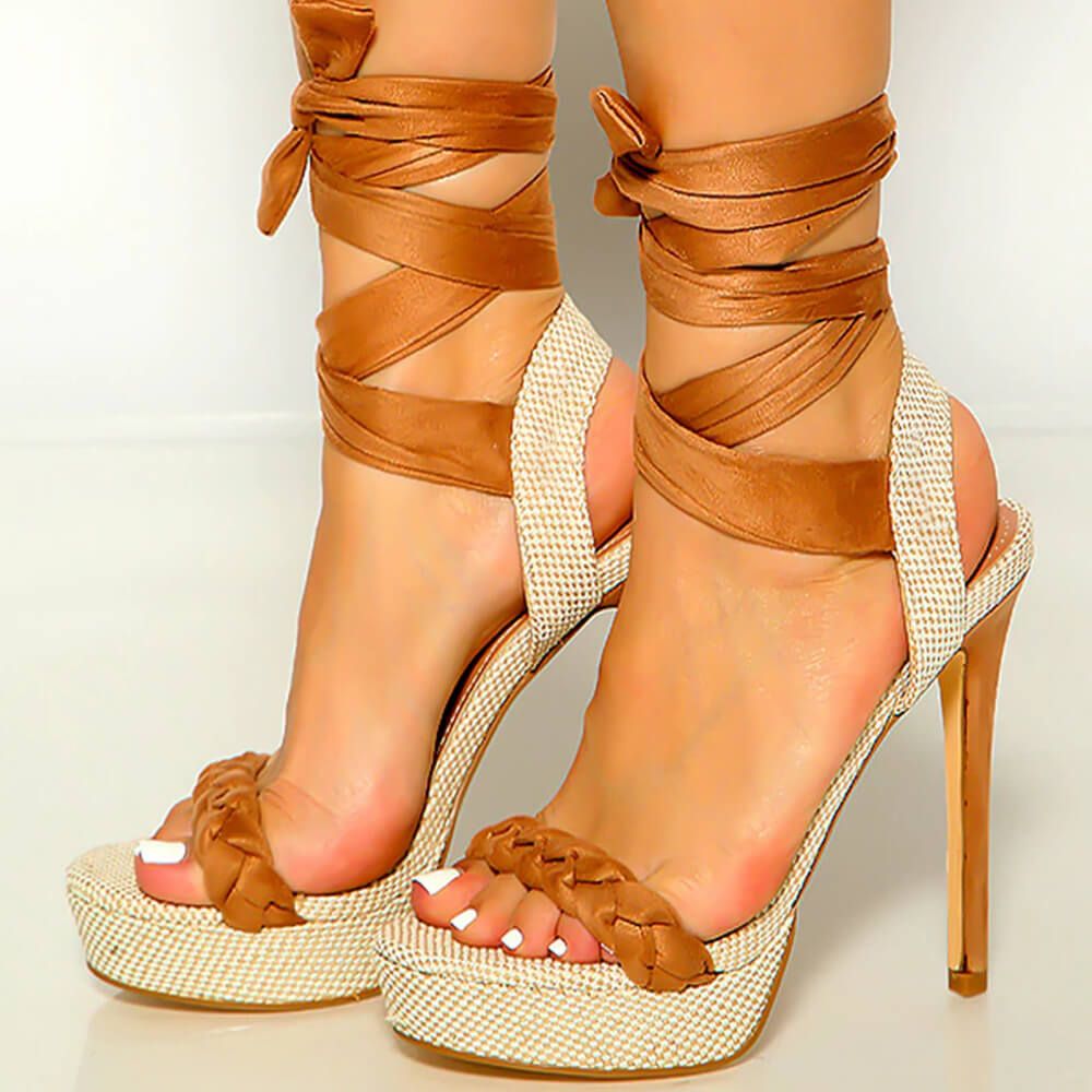 Chic Open Toe Braided Strap Stiletto Heels Lace Up Platform Sandals Nicepairs