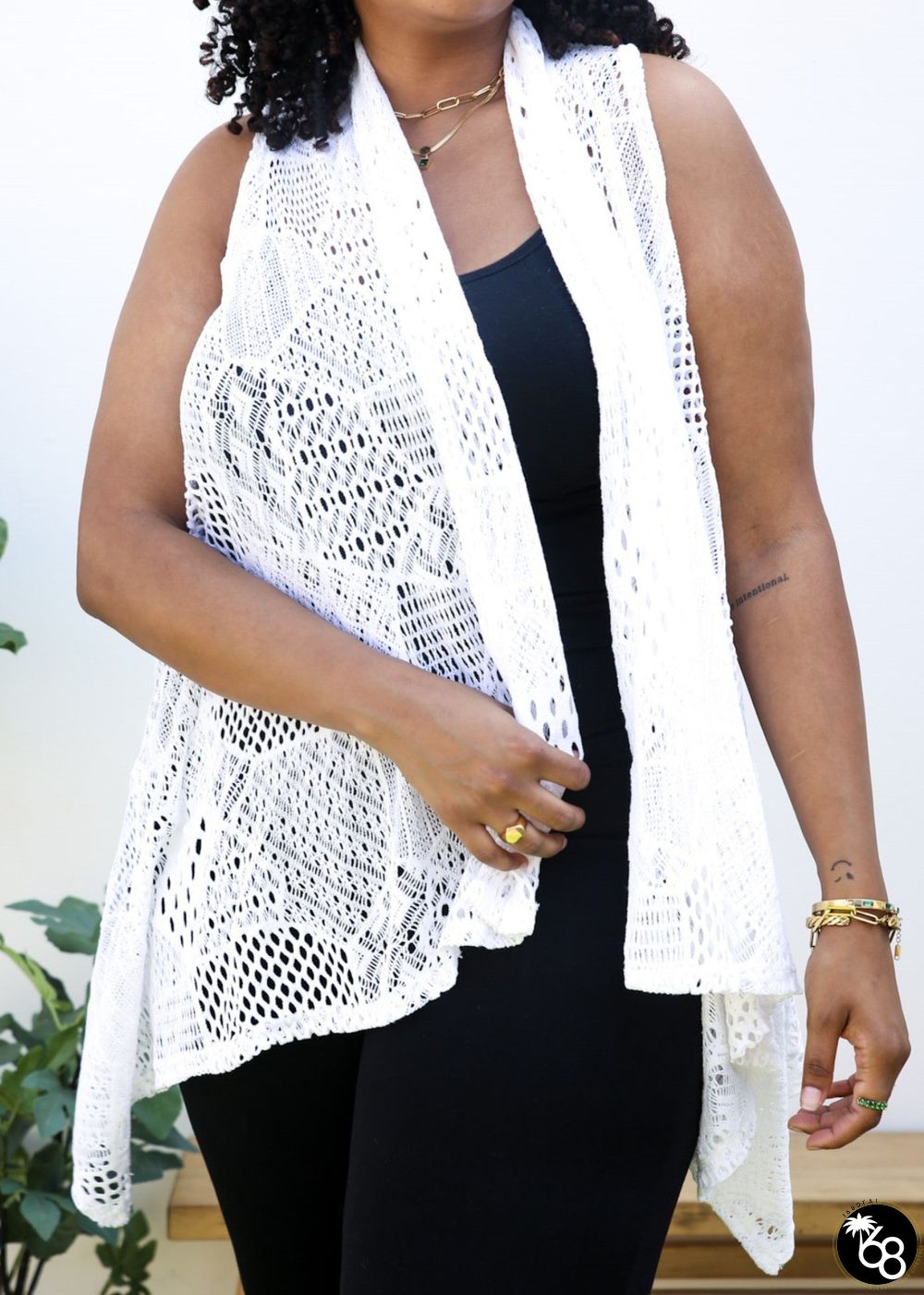 Plus Size Boho Open Front Crochet Cover Up Sleeveless Shawl Cardigan Vest, White | 168DEAL