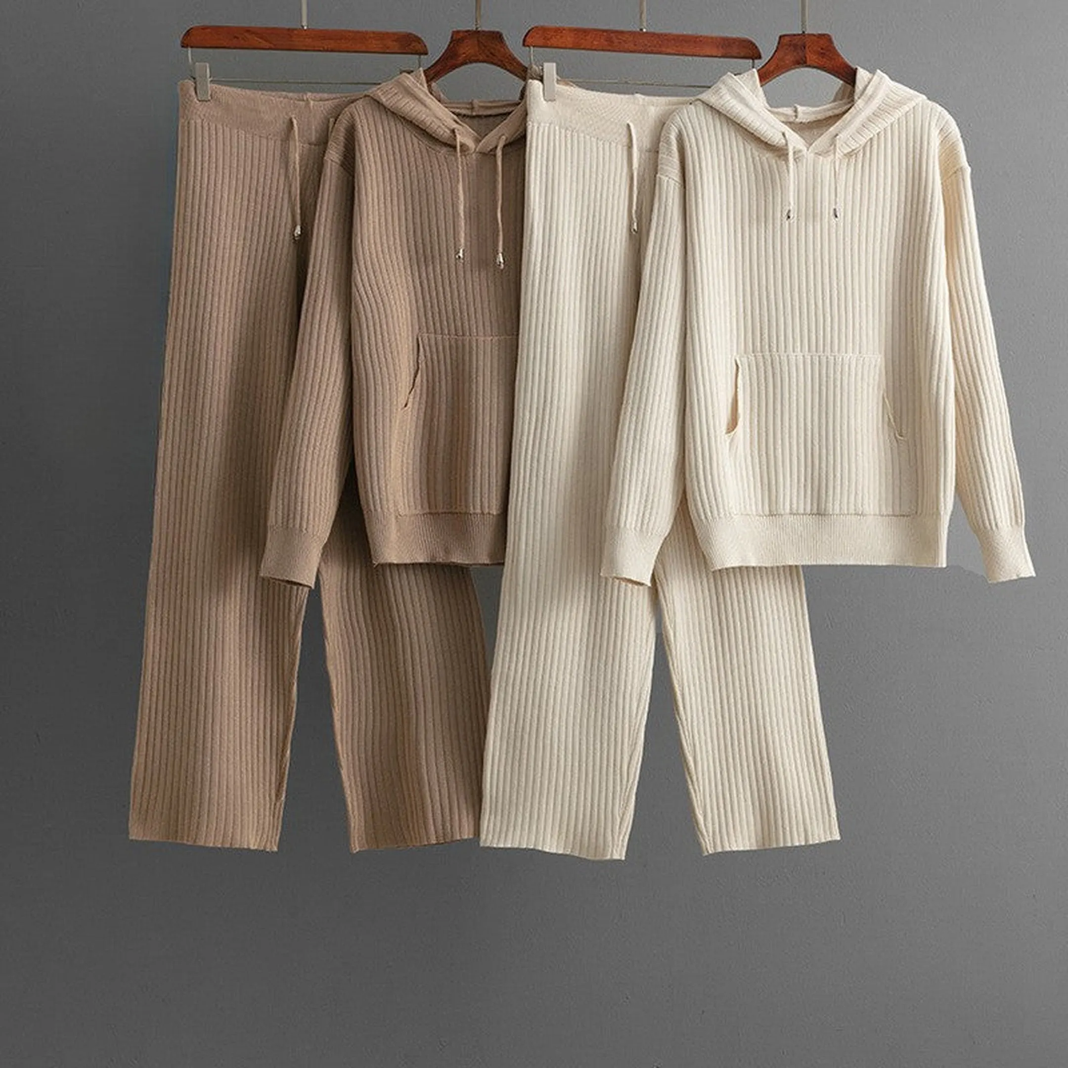 Women's Ribbed Knit Lounge Set &ndash; Hoodie & Wide-Leg Trousers