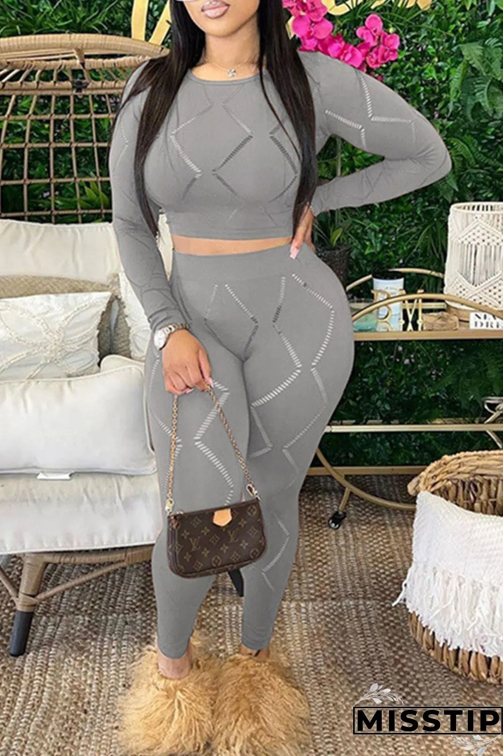 Green Casual Solid Ripped Hollowed Out O Neck Long Sleeve Two Pieces