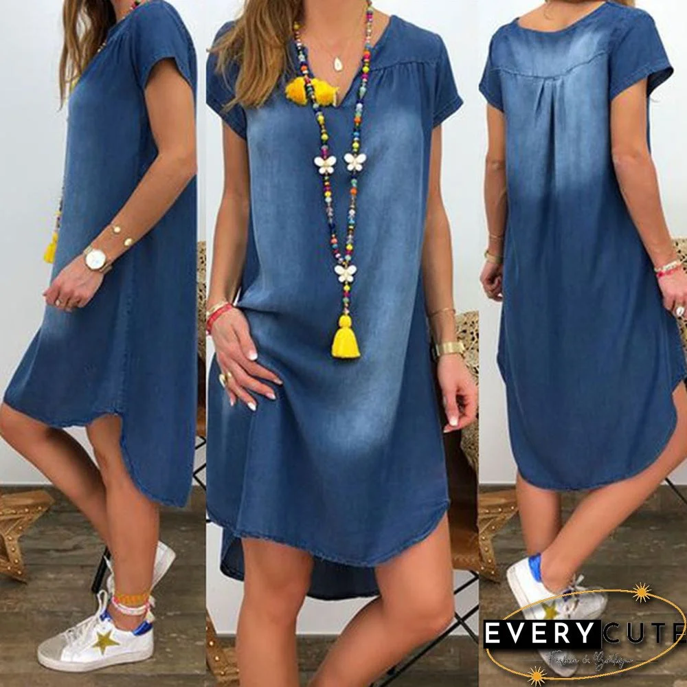 Women Fashion Summer Plus Size Short Sleeve Loose Denim Mini Jeans Dress
