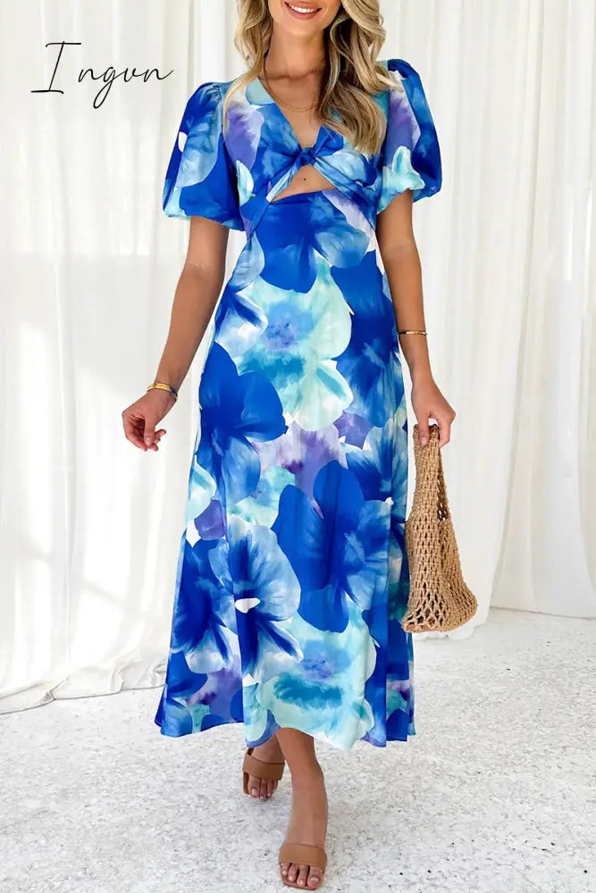Ingvn - Sexy Vacation Gradual Change Print Hollowed Out V Neck A Line Dresses Blue / S