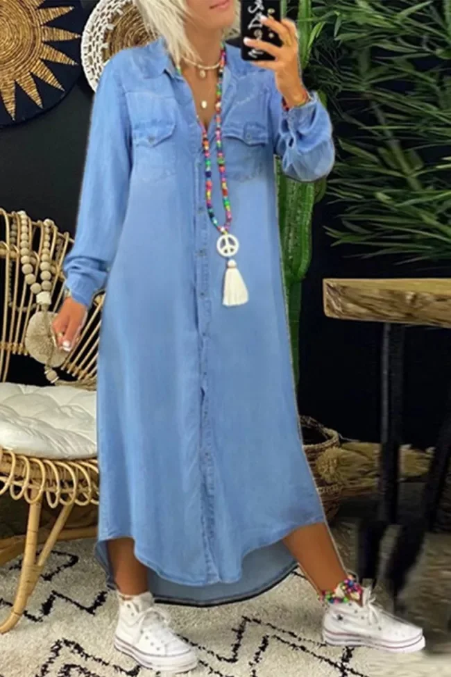 Casual Solid Split Joint Turndown Collar Irregular Dress Dresses S-5XL