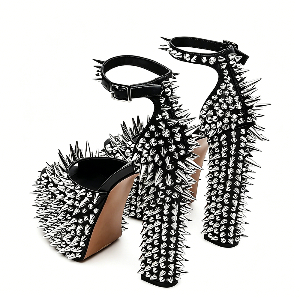 Women&rsquo;s Punk Black Platform Sandals Silver Studded Rivets Ankle Strap Block Heel Party Shoes  highheelher