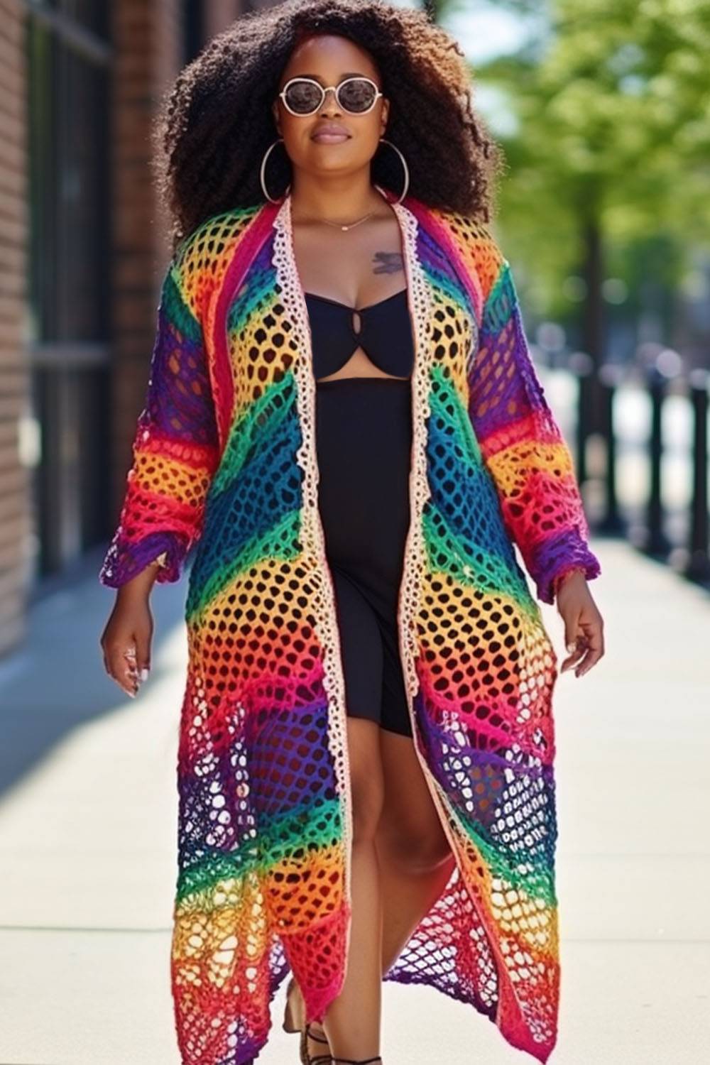 Design Plus Size Beach Rainbow Colorblock Hollow Out Long Sleeve Crochet Cover Ups [Pre-Order]