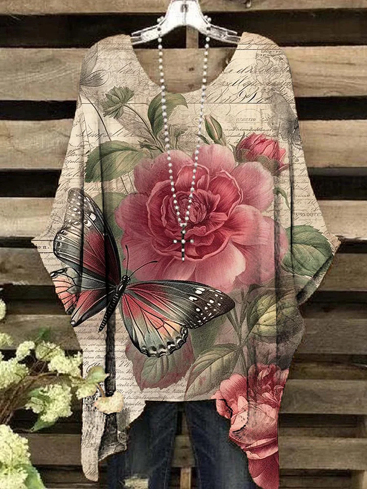 Women's Vintage Butterfly Floral Pattern Round Neck Top