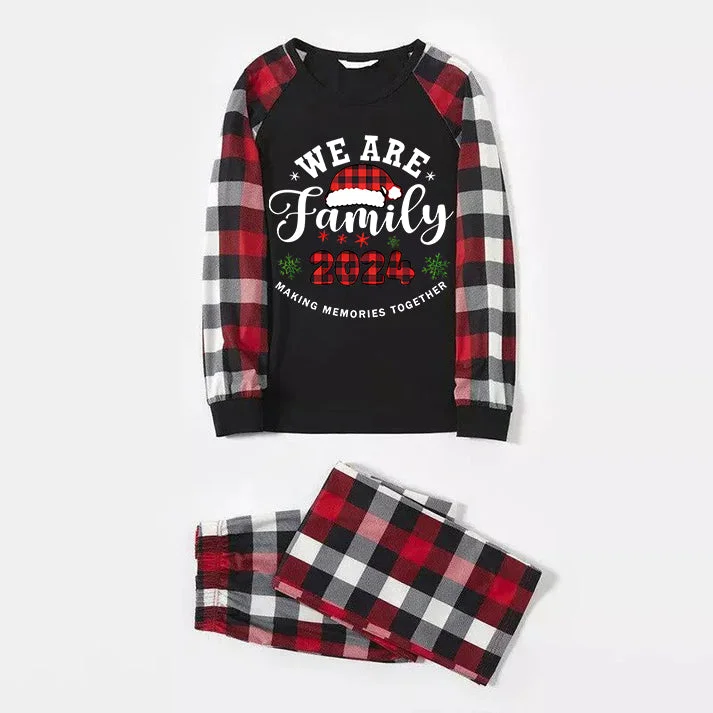 "We are Family" Santa Hat Monogram Print Letter Red & Black & Grey & White Plaid Family Matching Pajamas
