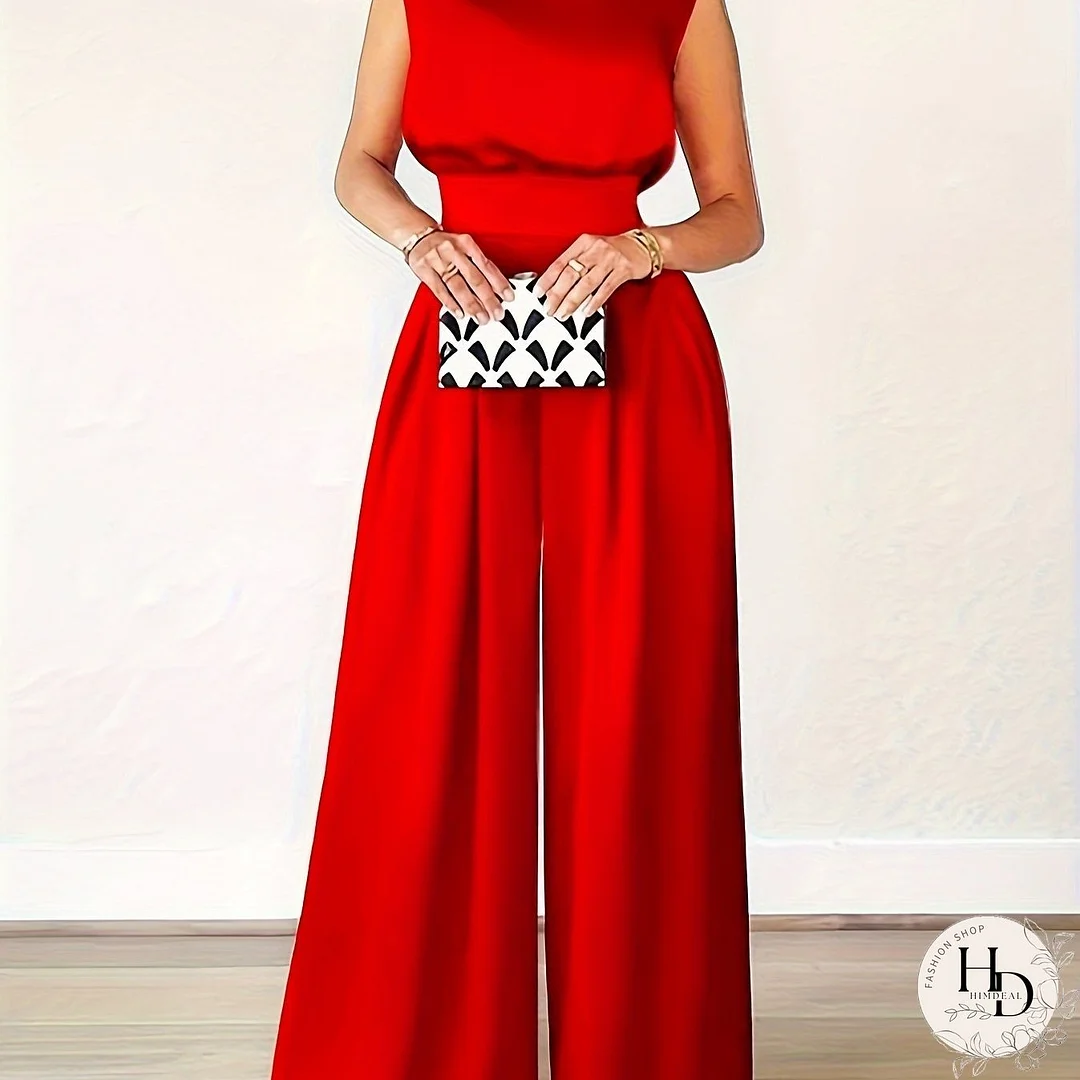 Plus Size Solid Wide Leg Jumpsuit, Elegant Cap Sleeve Mock Neck Jumpsuit, Women's Plus Size Clothing