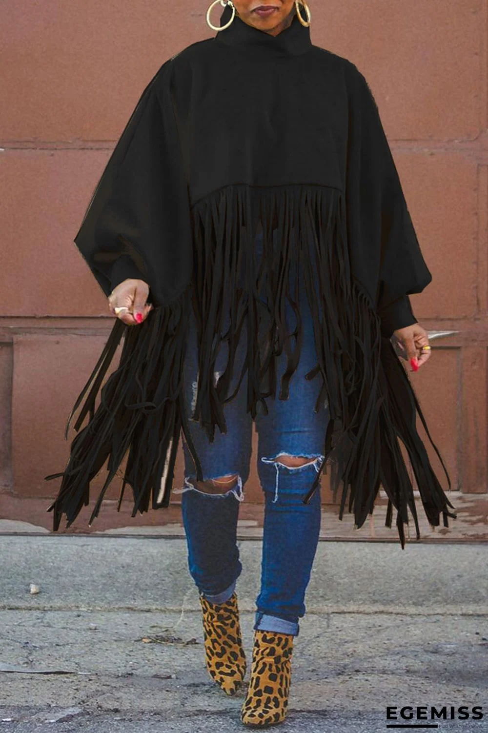 Black Fashion Vintage Solid Tassel Turtleneck Plus Size Overcoat | EGEMISS