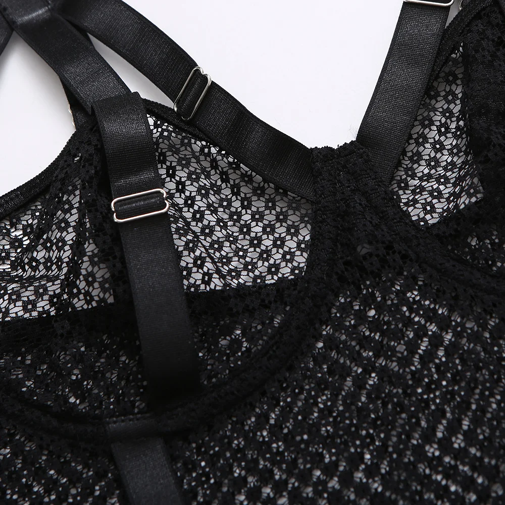 Billionm Lace Bodysuit Women Mesh Fishnet Intimate Sexy Halter Black Underwear Hollow Out Transparent Body Suits Crotchless Lingerie