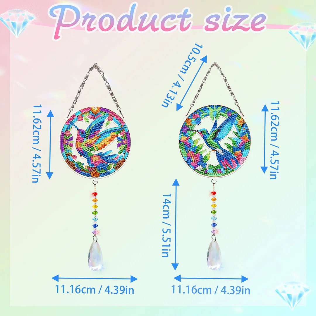 2Pcs Hummingbird DIY Acrylic Diamond Painting Art Wind Chimes with Crystal Pendant Diamond Art Hanging Pendant Double-Sided for Adults Beginners Gift Home Garden Decor