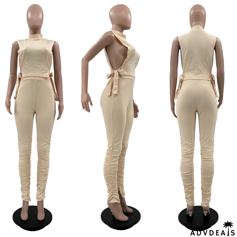 Solid Sleeveless Hollow Top Stacked Pants 2 Piece Sets