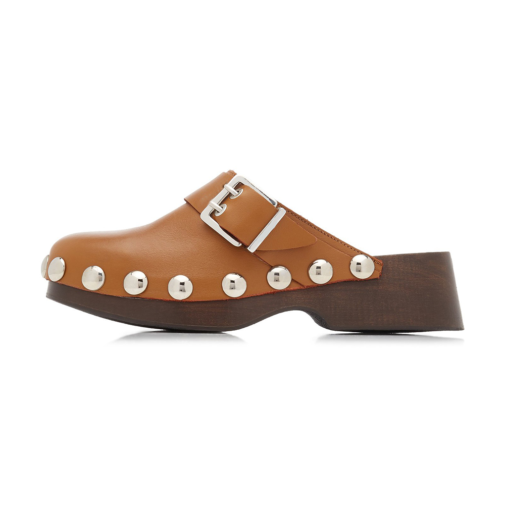 Brown Round Toe Heeled Clogs Buckle Studded Platform Mules Nicepairs