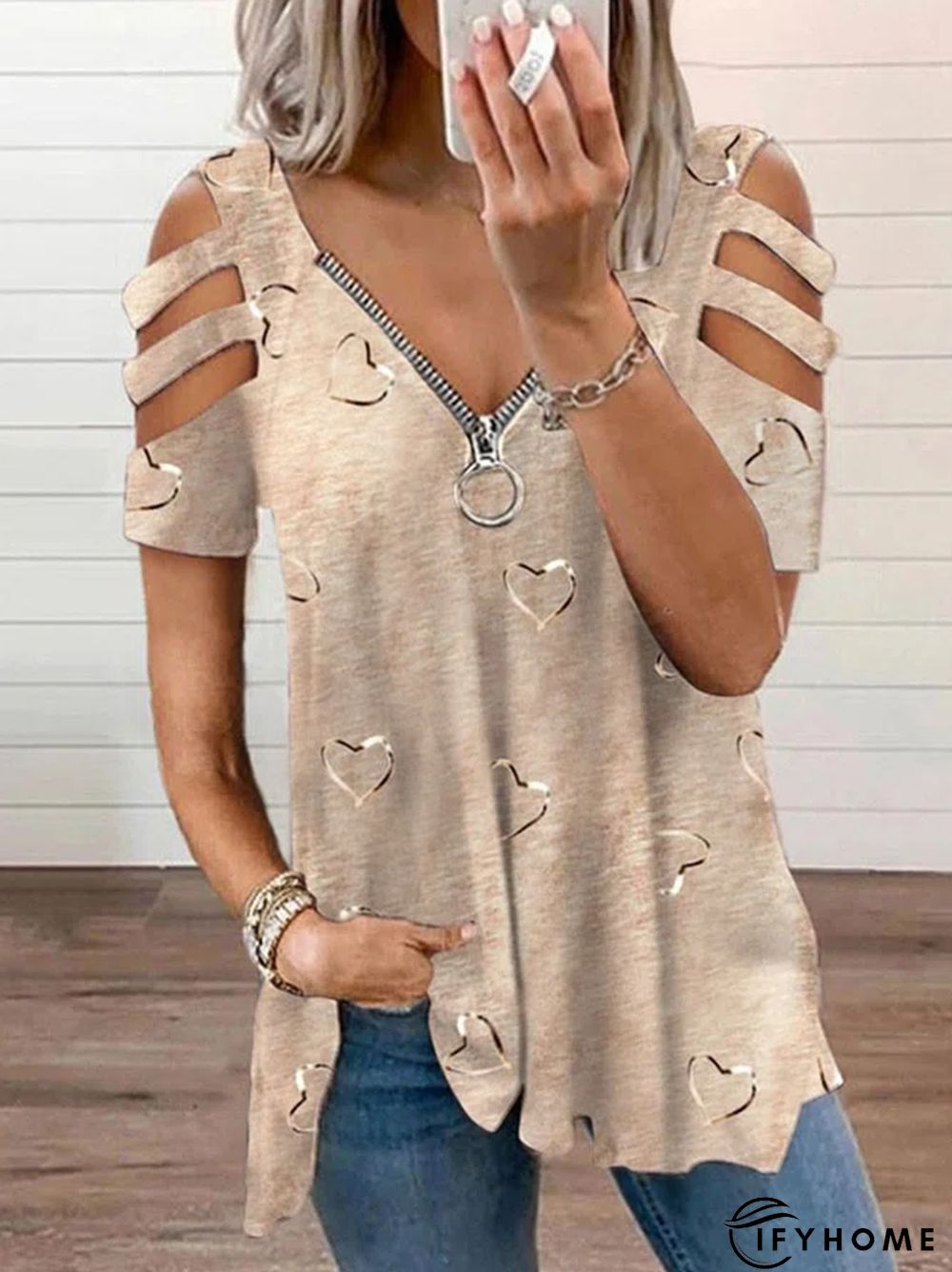 Casual Loosen V Neck Cotton Blend Geometric Tunic T-Shirt | IFYHOME
