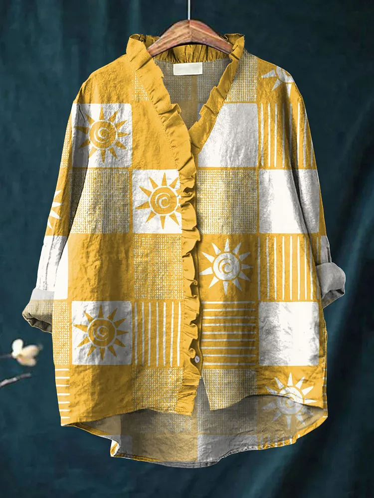 Women's Vintage Sun Art Print Casual Cotton And Linen Ruffle Shirt