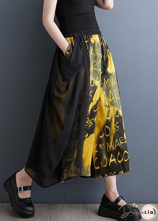 Plus Size Yellow Pockets Elastic Waist Cotton Crop Wide Leg Pants Summer
