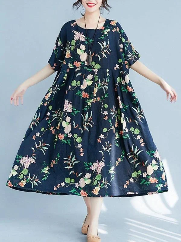 Organic floral cotton linen Robes o neck large hem Love summer Dresses