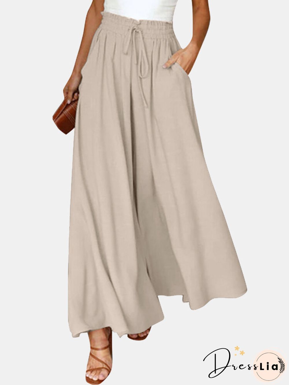 Solid Drawstring Waist Pocket Wide Leg Pants