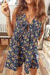 Women's Blue Retro Design Floral Print Bow Tie Pleated Loose Denim Romper