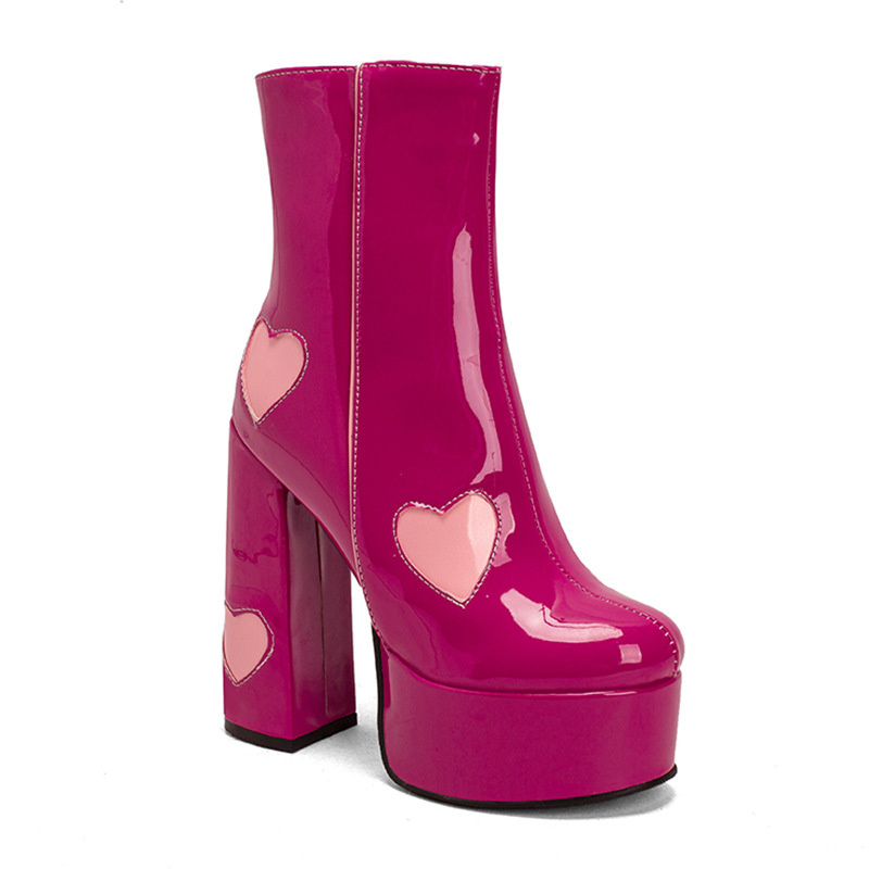 140mm Square Toe Chunky High Heels Platform Heart Embedded Pattern Patent Boots-MERUMOTE