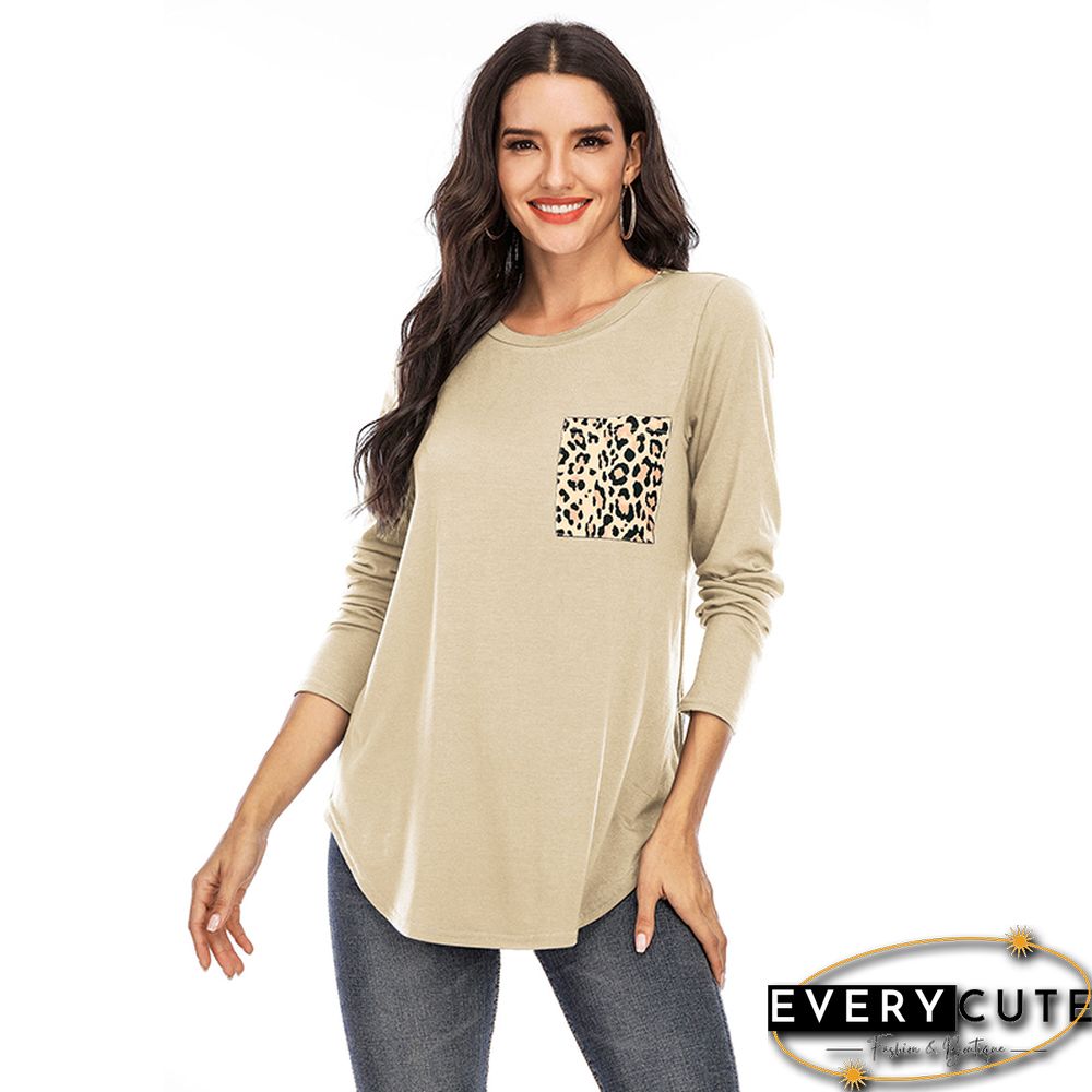 Khaki Leopard Pocket Long Sleeve Tops
