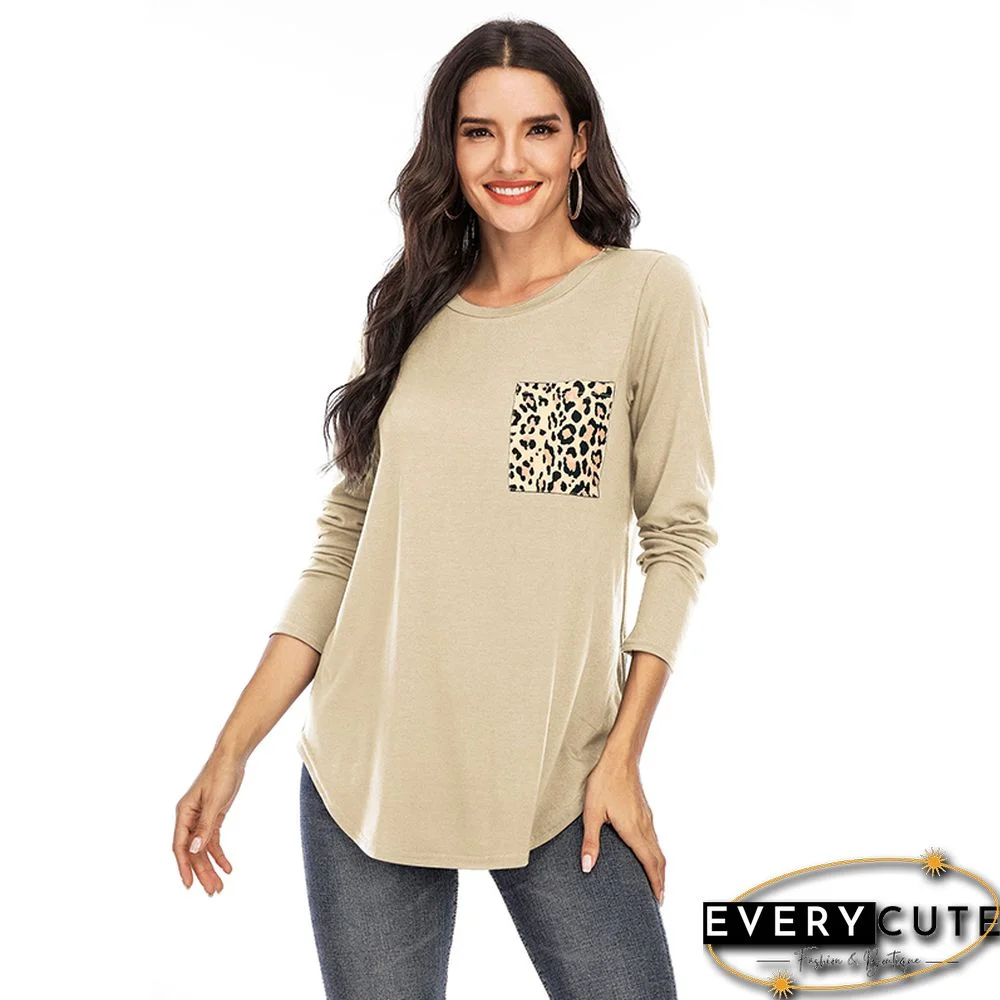 Khaki Leopard Pocket Long Sleeve Tops