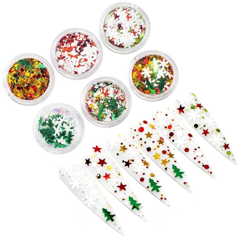 6Pcs/Set Christmas Manicure Art Decoration Snowflake Christmas Tree Snowman Pentagram Set Sequins DIY Nail Design Accessories