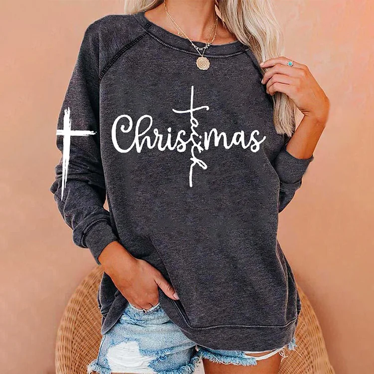 Wearshes Christmas Alphabet Print Crew Neck Casual Sweatshirt