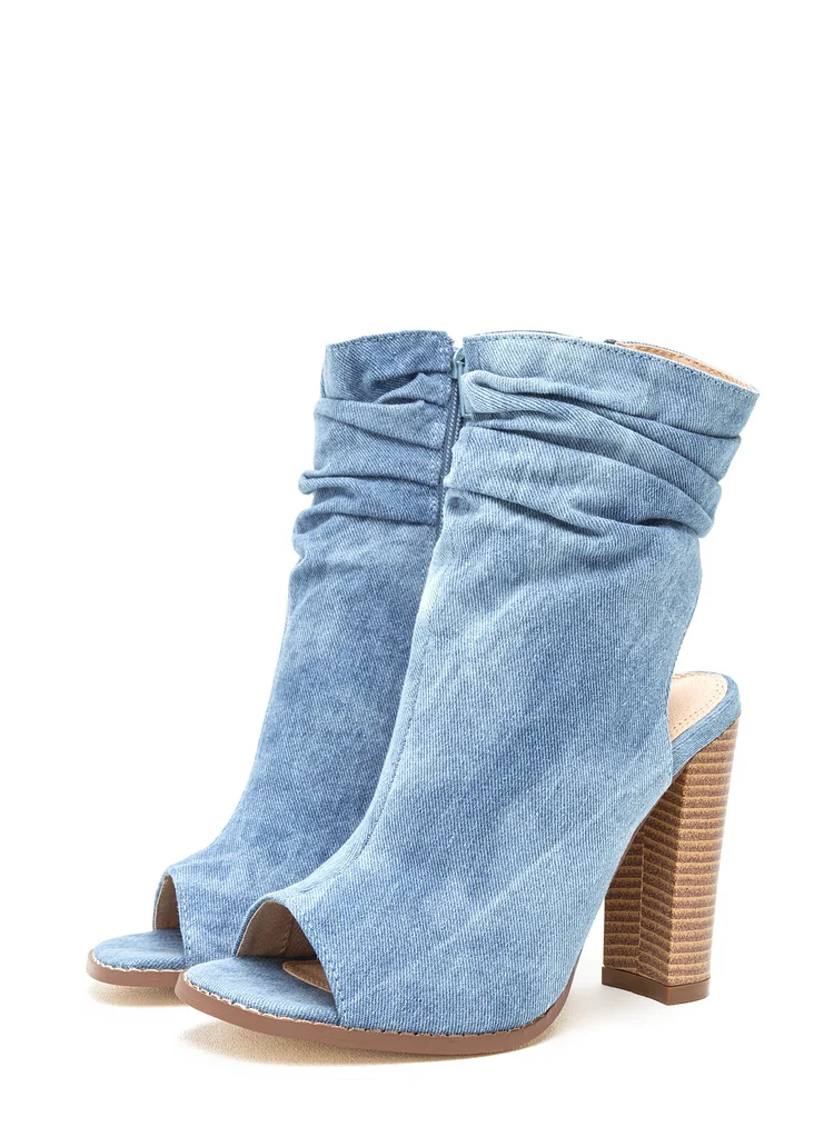 Blue Denim Chunky Heel Open Toe Slouch Boots Vdcoo