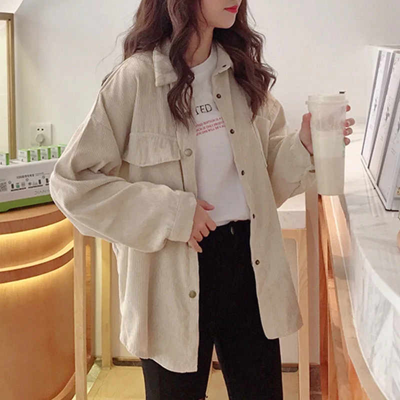 Fashion Corduroy Jacket Women Coat Casual Vintage Single Breasted Turn Down Collar Long Sleeve Pocket Solid Button Clothes 10784