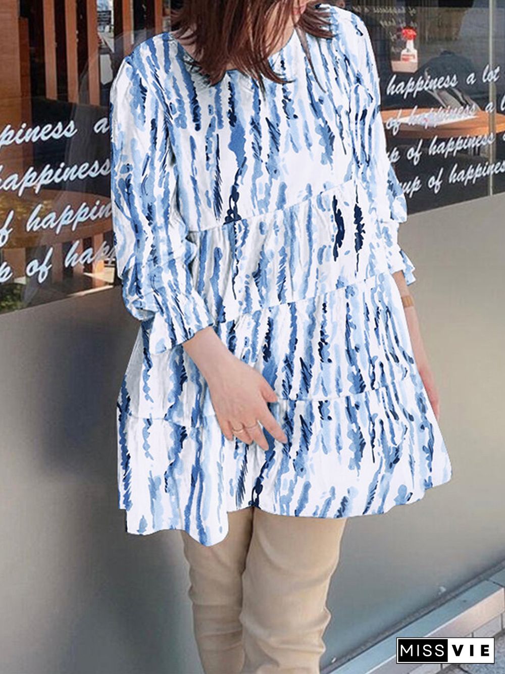 Stripe Round Neck Ruffle Long Sleeve Blouse