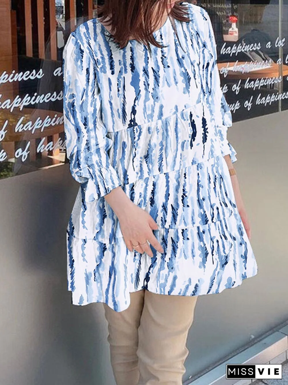 Stripe Round Neck Ruffle Long Sleeve Blouse