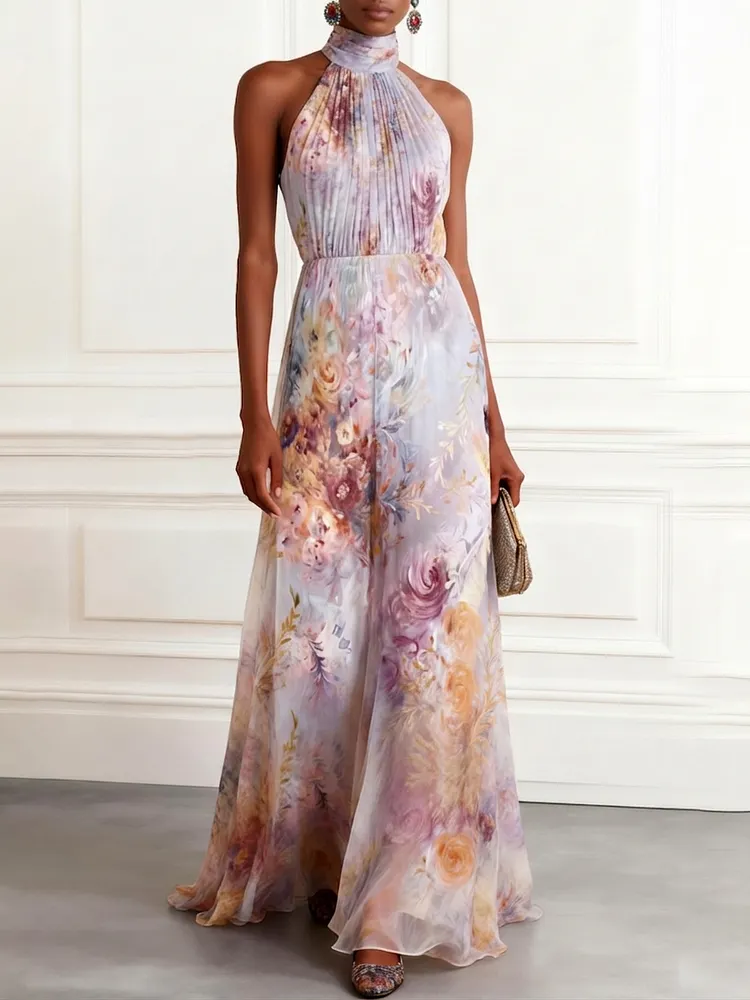 Light Purple Floral Chiffon Halter Neck Pleated Sleeveless Maxi Dress