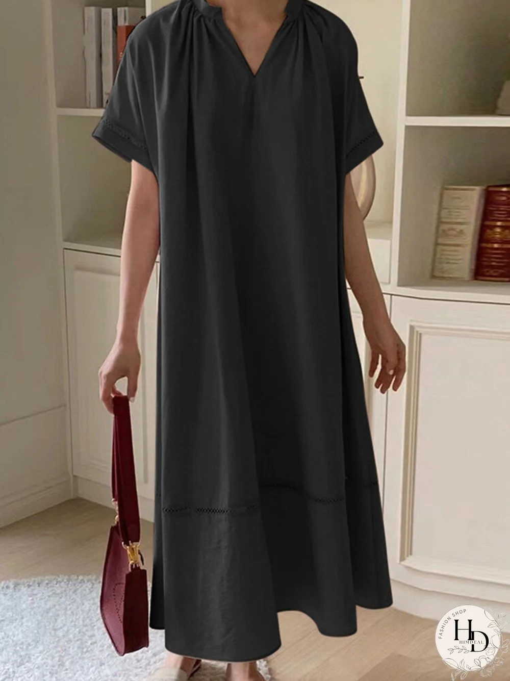 Solid Color Stitching Pleated V Neck Loose Dress