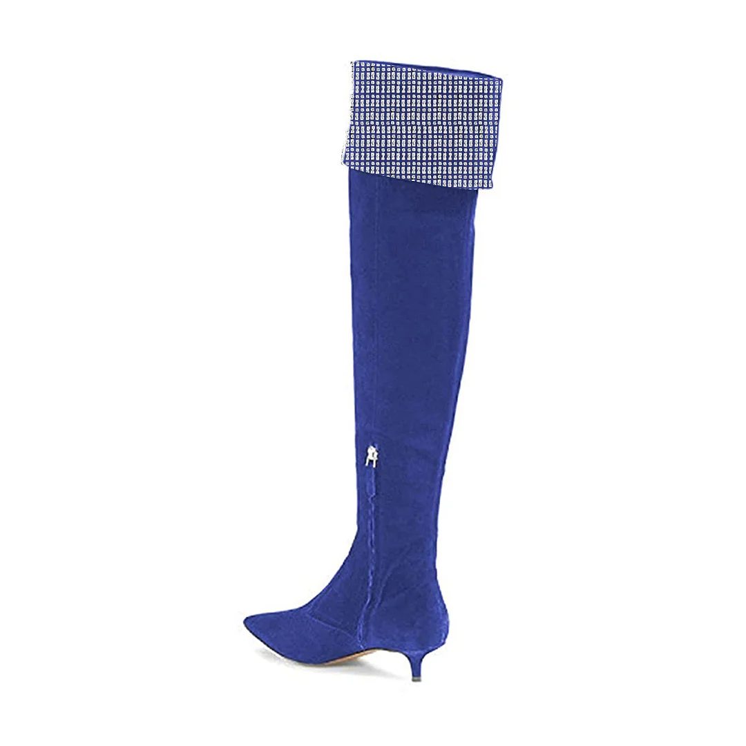 Faux Suede Over-The-Knee Rhinestone Embellished Boots in Royal Blue
