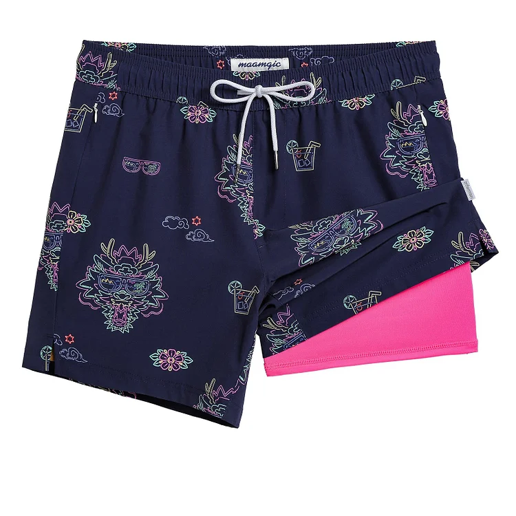 5.5 Inseam 2 in 1 Stretch Short Liner Navy Neon Swim Shorts
