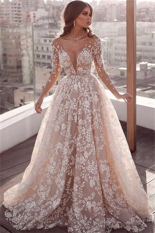 Luluslly Long Sleeves Tulle Wedding Dress With Lace Appliques V-Neck