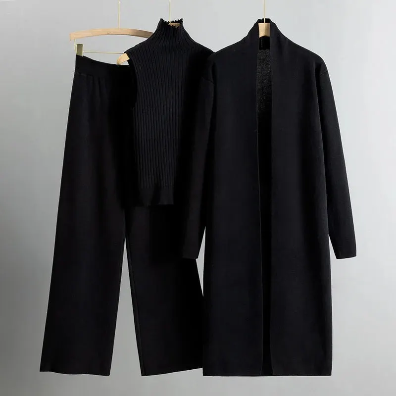 Women's Three-Piece Knitted Co-ord &ndash; Cardigan & Wide Trousers &ndash; Black