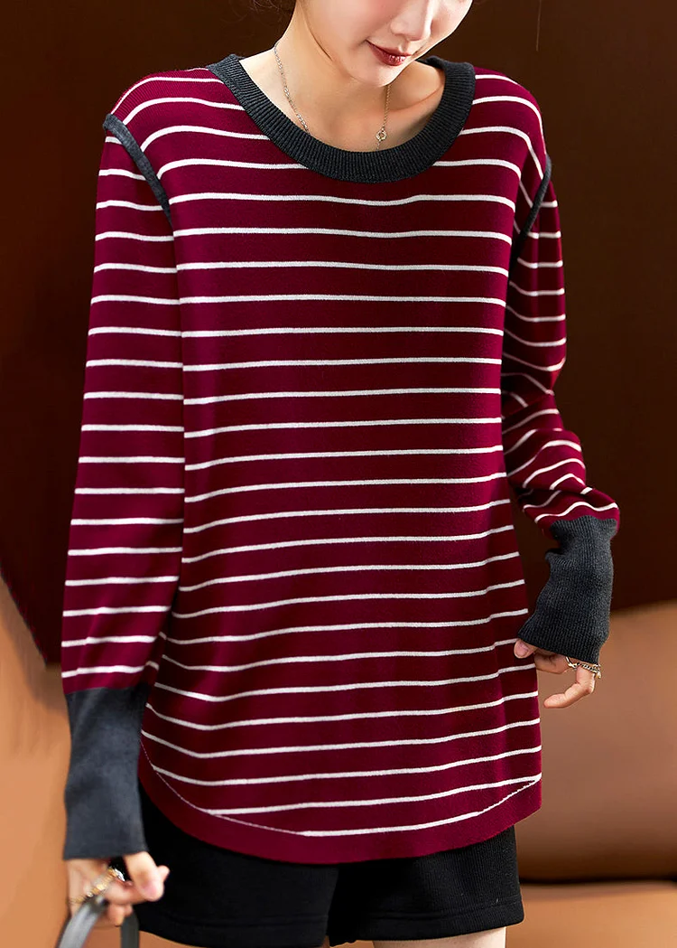 Plus Size Wine Red Striped Patchwork Cotton Knit Tops Spring
