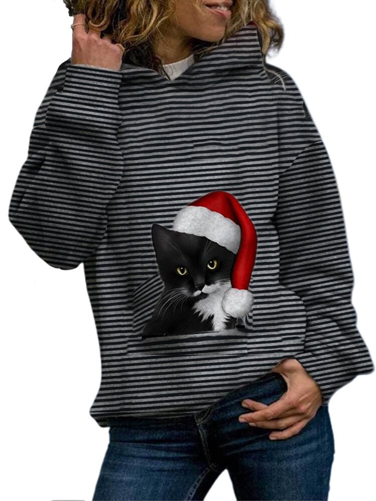 Stripe Cartoon Cat Print Long Sleeve Casual Hoodie For Women