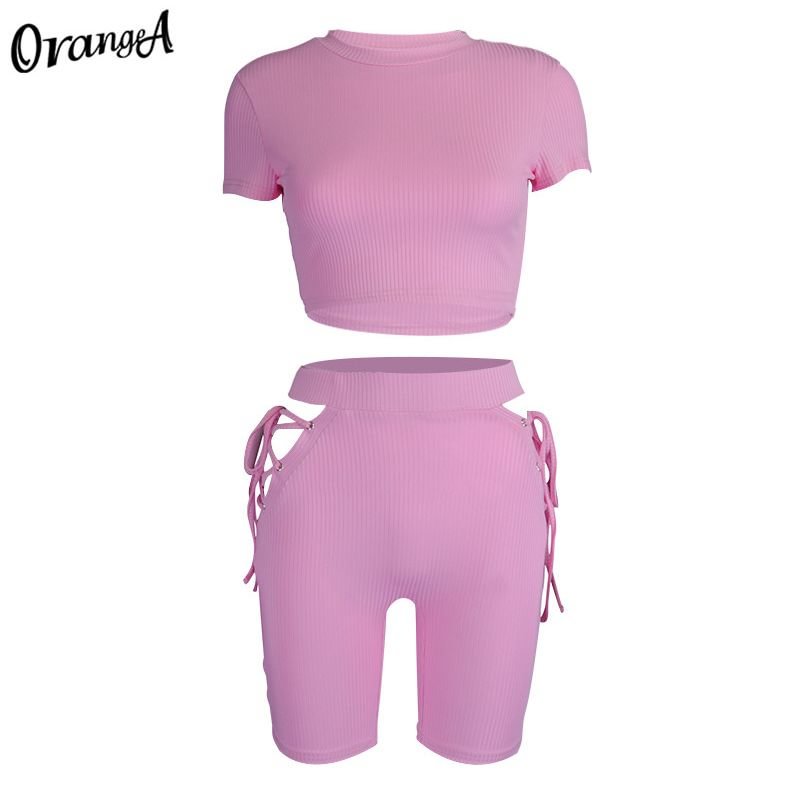 Weird Puss Ribbed Fitness Women Tracksuit Matching Set Short Sleeve+Bandage Hollow Out Biker Shorts Sporty Casual 2Piece Outfits