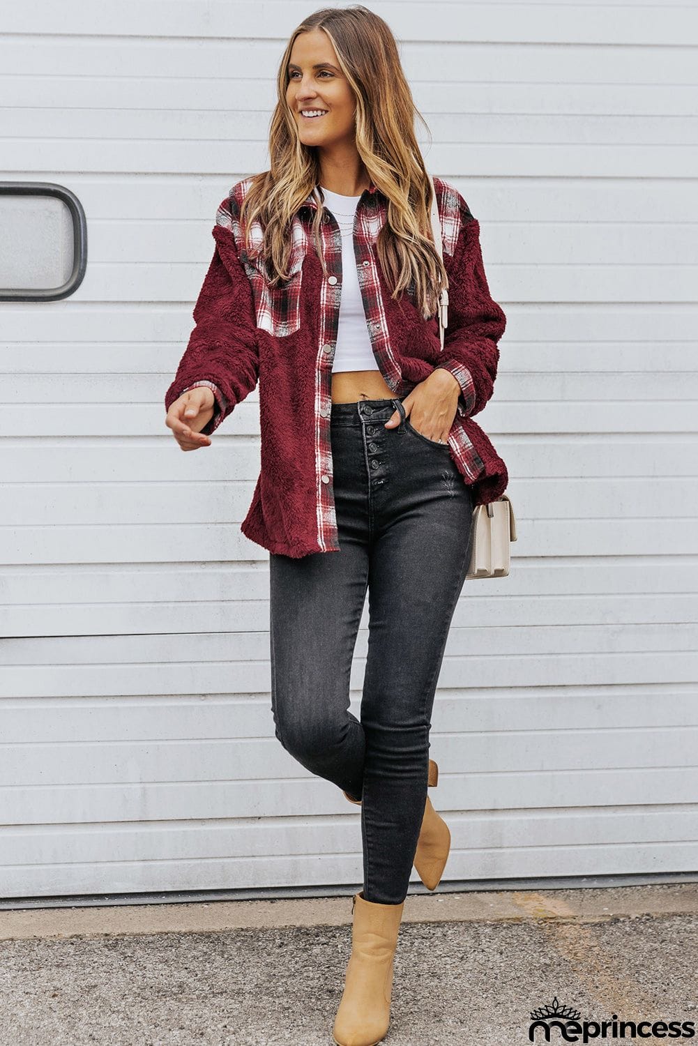 Plaid Patchwork Buttoned Pocket Sherpa Jacket