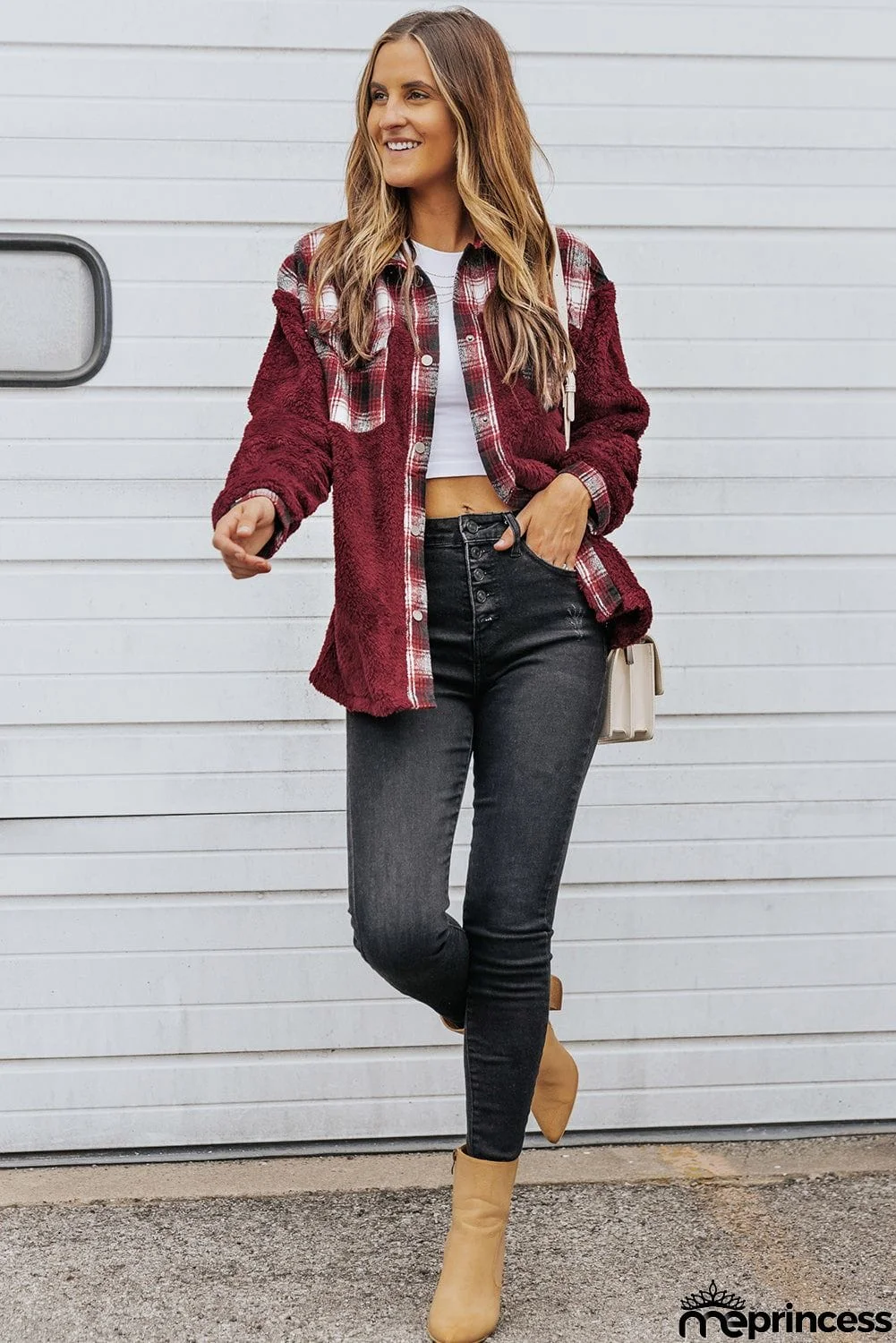 Plaid Patchwork Buttoned Pocket Sherpa Jacket