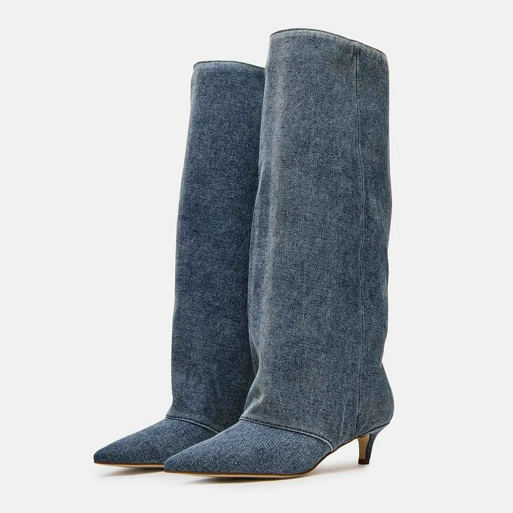 Stylish Denim Pointed Toe Pull On Knee High Heeled Boots in Blue