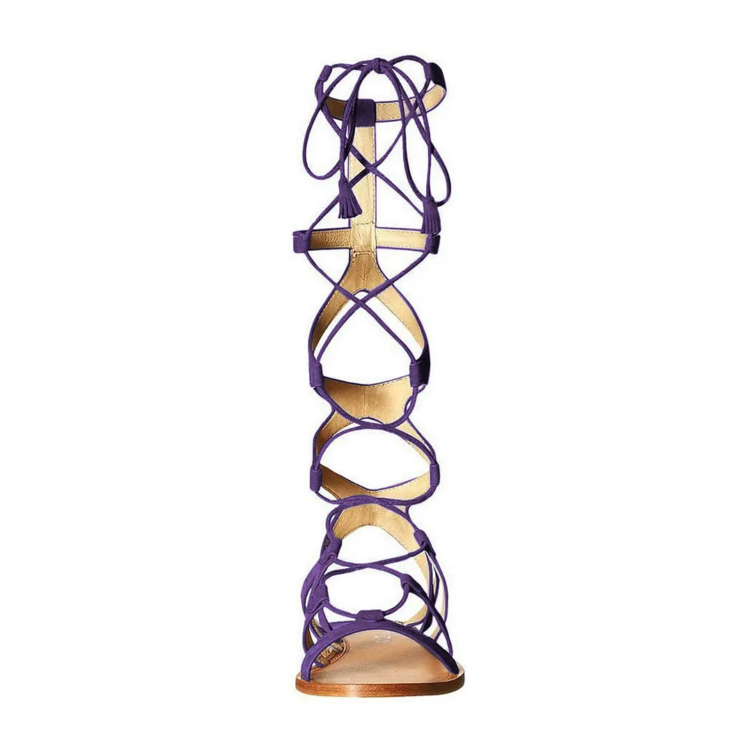 Elegant Purple Knee High Flat Sandals Gladiator Shoes for Ladies