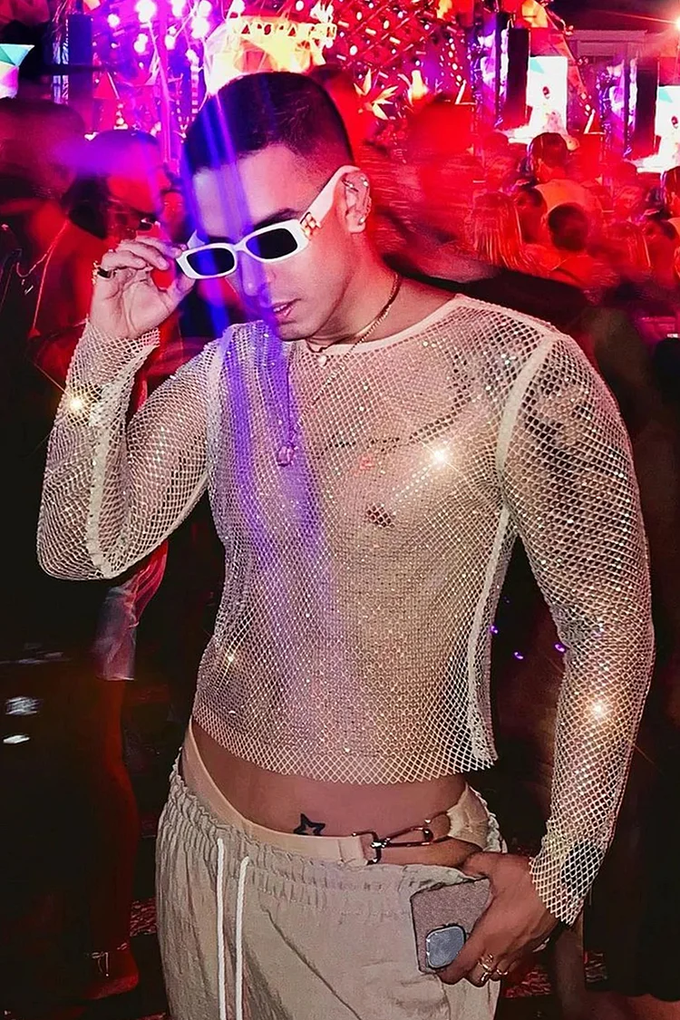 Men's Mesh Rhinestone See Through Long Sleeve T-Shirt