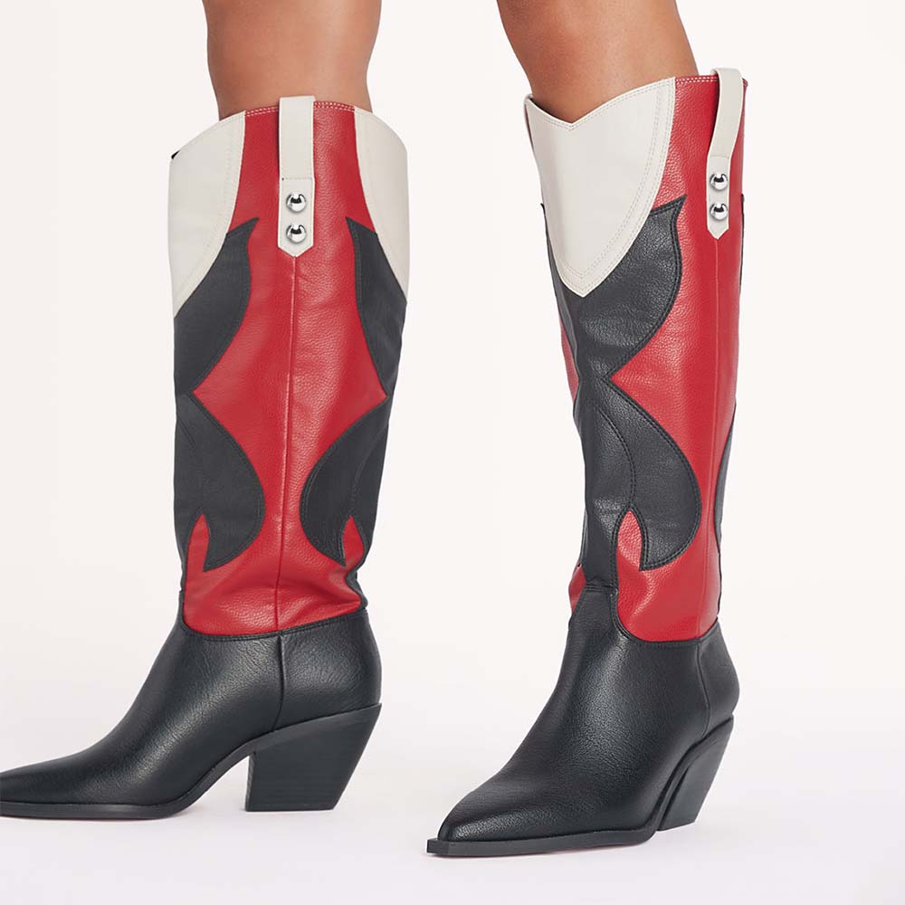 Multicolor Vegan Leather Women's Knee High Cowgirl Boots Pointed Toe Low Heel Boots