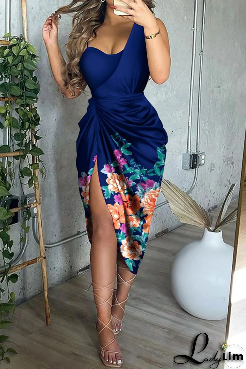 Blue Elegant Print Sequins Split Joint Fold Asymmetrical Asymmetrical Collar Irregular Dress Dresses