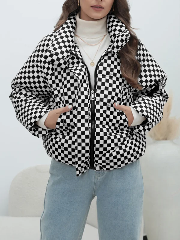 Long Sleeves Loose Keep Warm Plaid Quilted Zipper Stand Collar Padded Coat