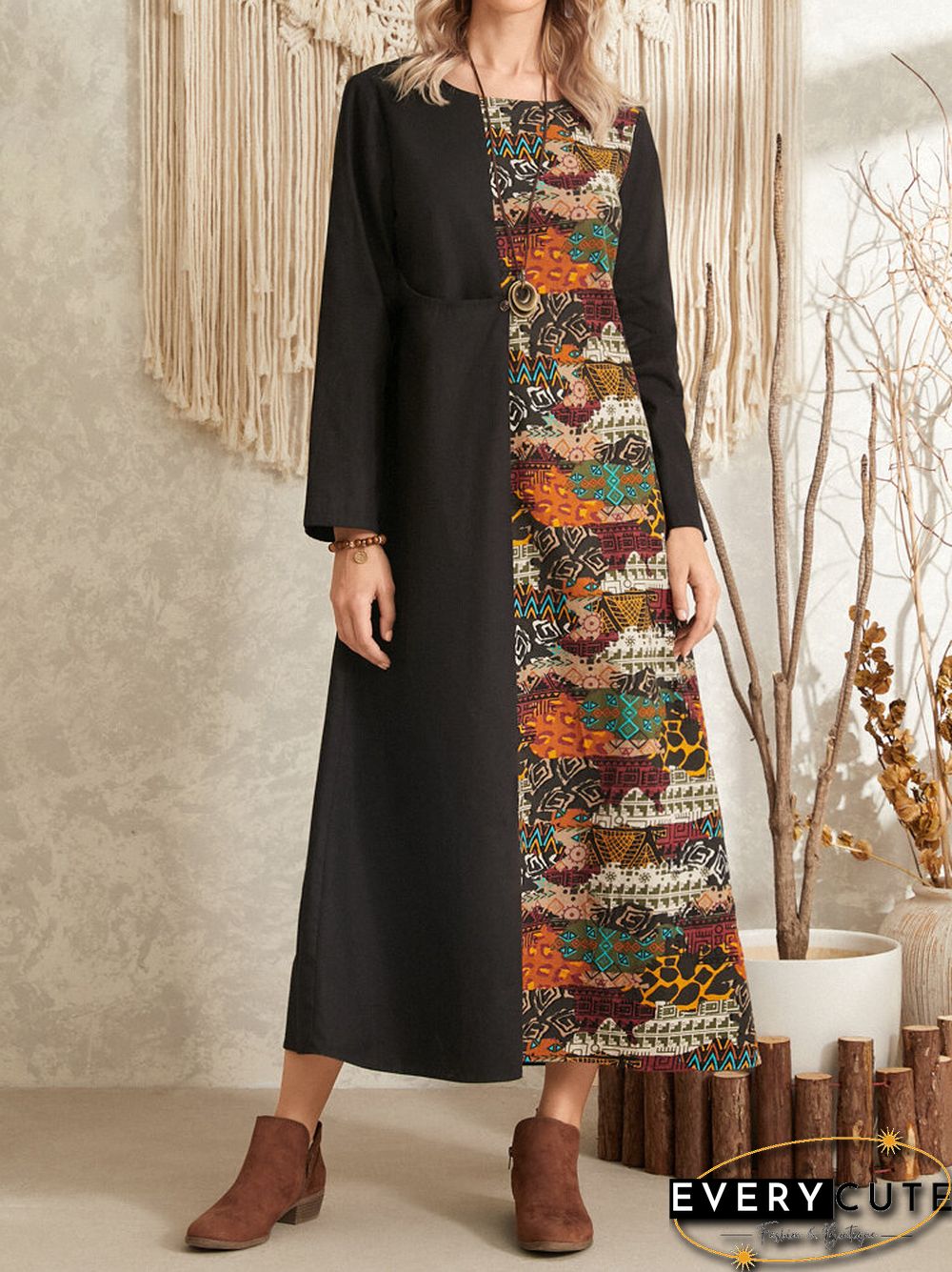 Tribal Pattern Long Sleeve O-neck Pocket Maxi Dress